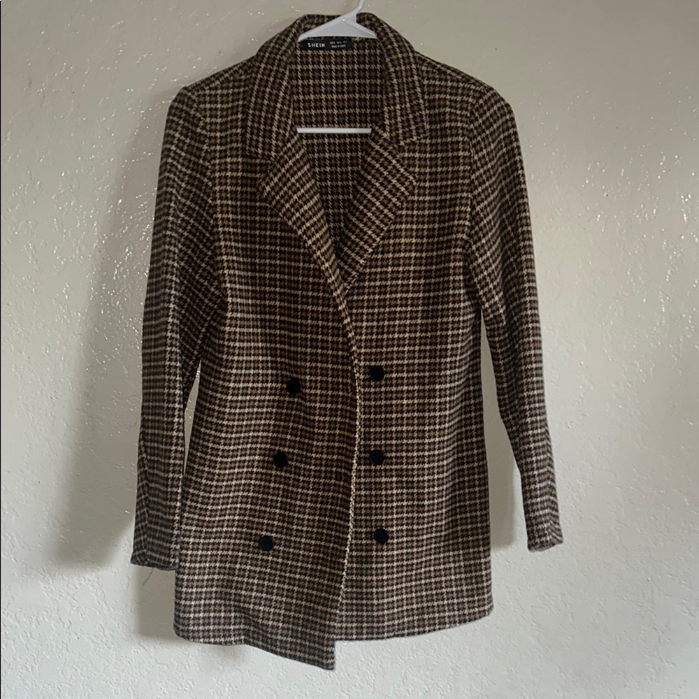 Shein Sz S Brown Houndstooth Double-Breasted Women's Jacket View 2